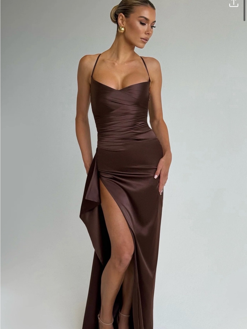 Strapless Chocolate Satin Ruched Evening Gown